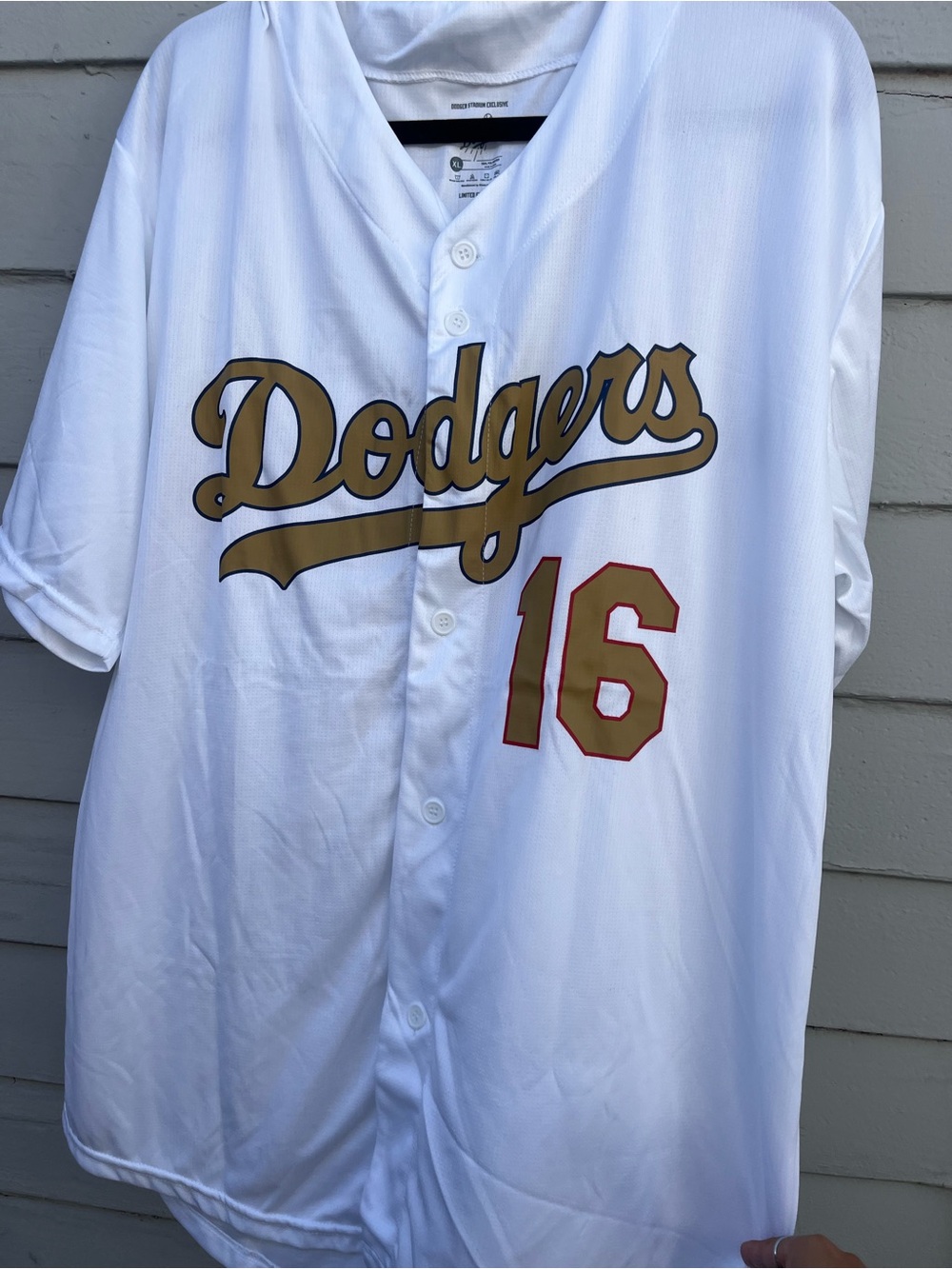 Dodgers White Team Jersey with Gold Script and Number 16
